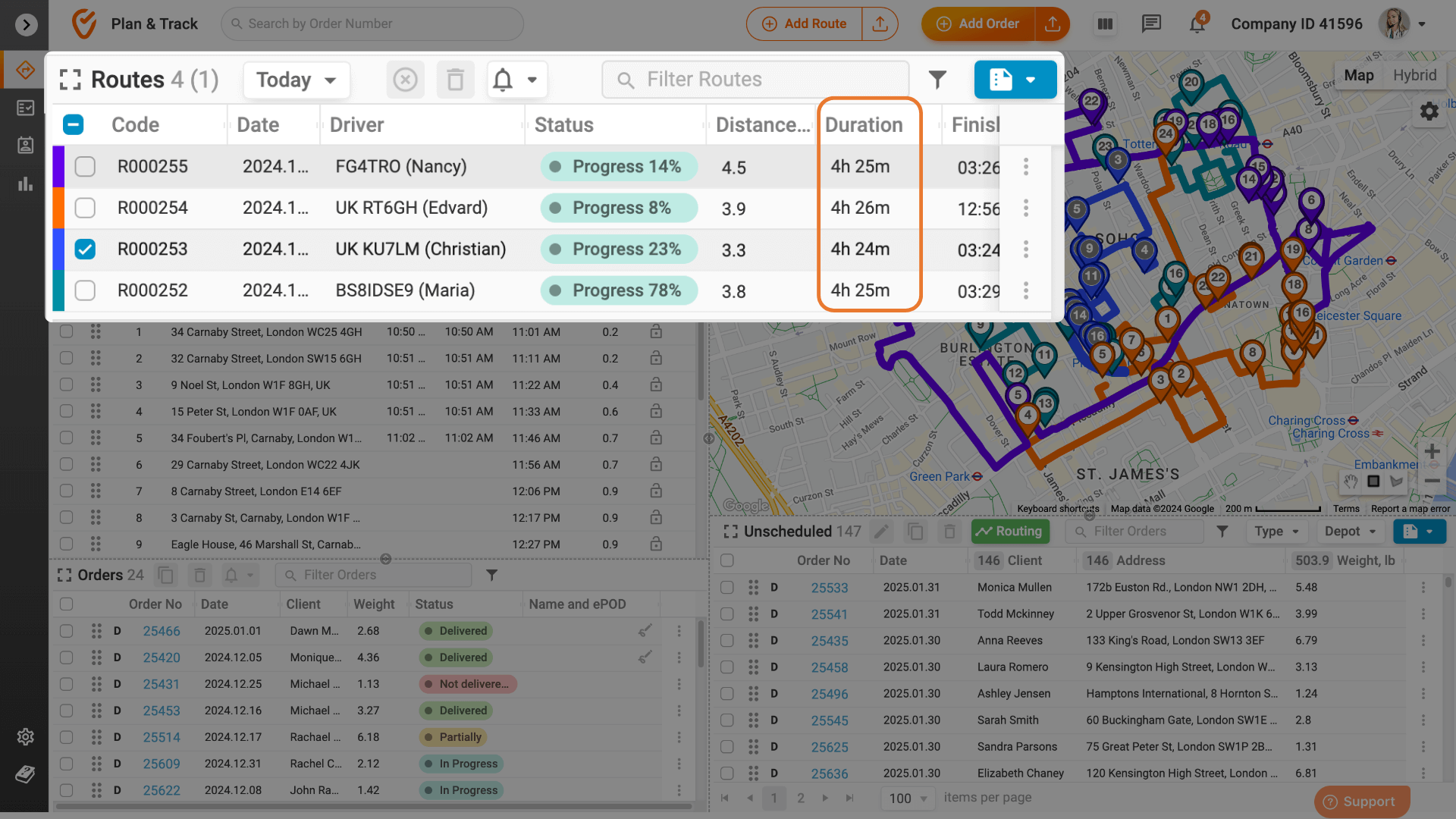 Route duration column