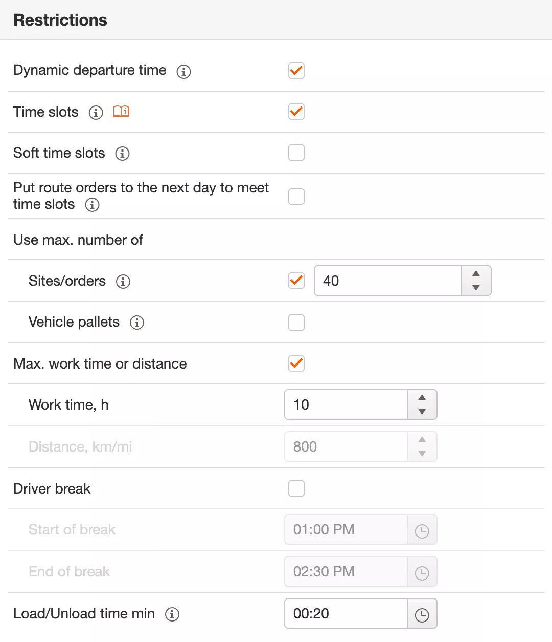 Route optimization parameters for vehicles