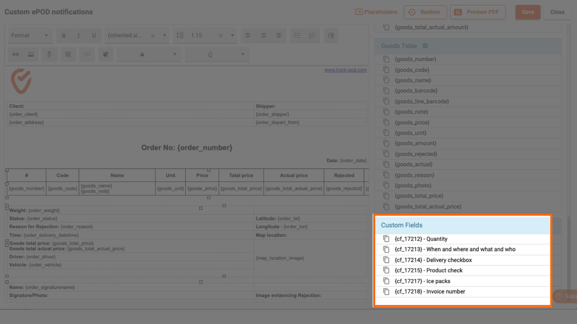 ePOD with custom fields