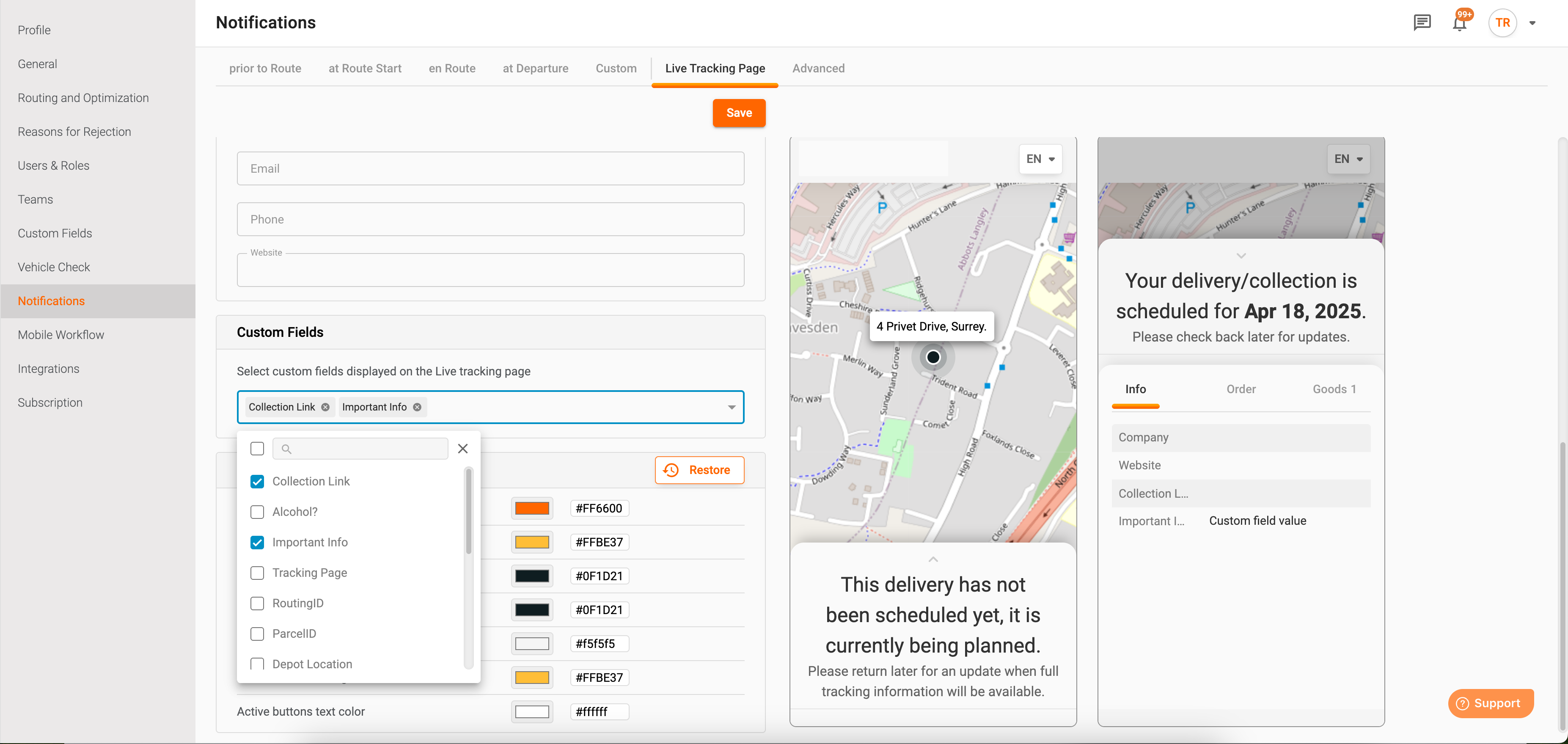 Custom fields for live tracking
