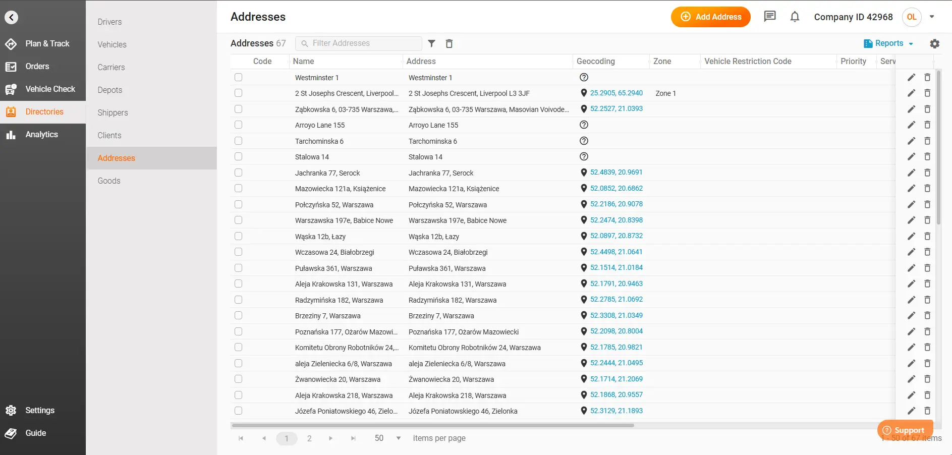Addresses for delivery list