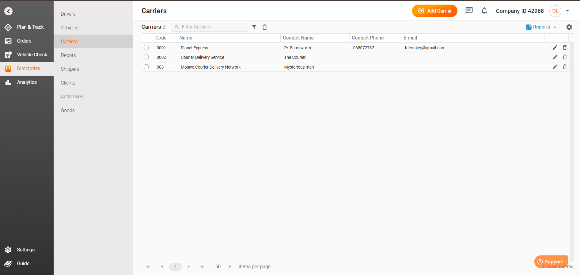 Carriers directory screen