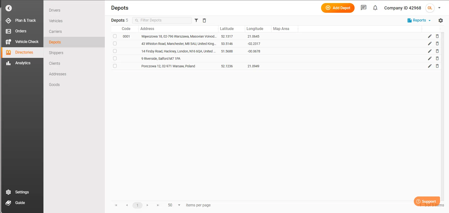 Depots listing in delivery management