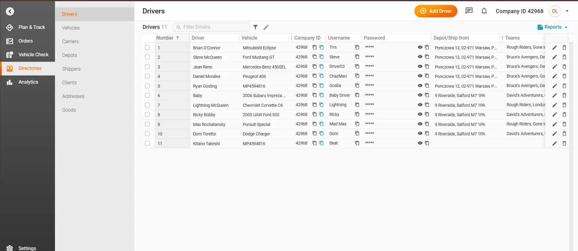 Delivery drivers management software