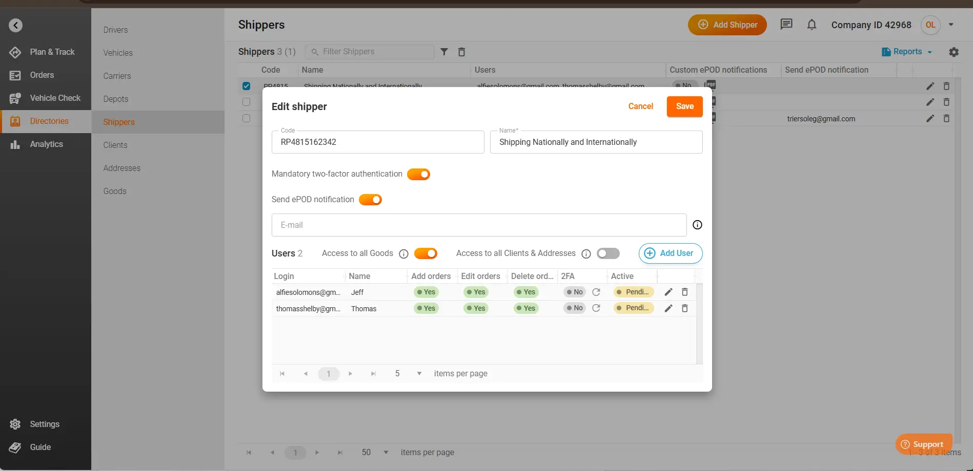 Adding shipper information