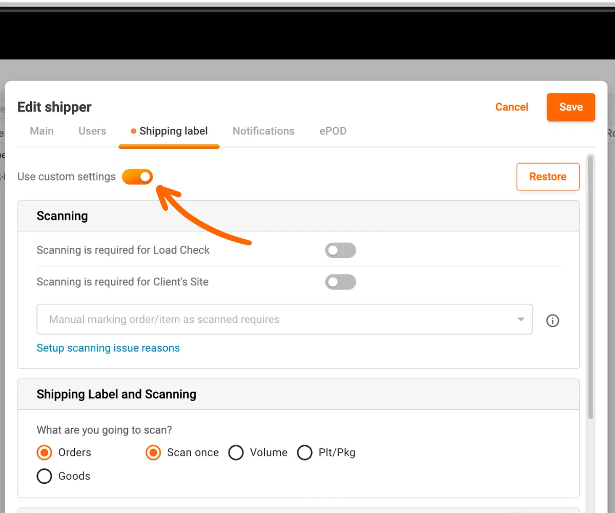 Shippers Custom Settings Switch