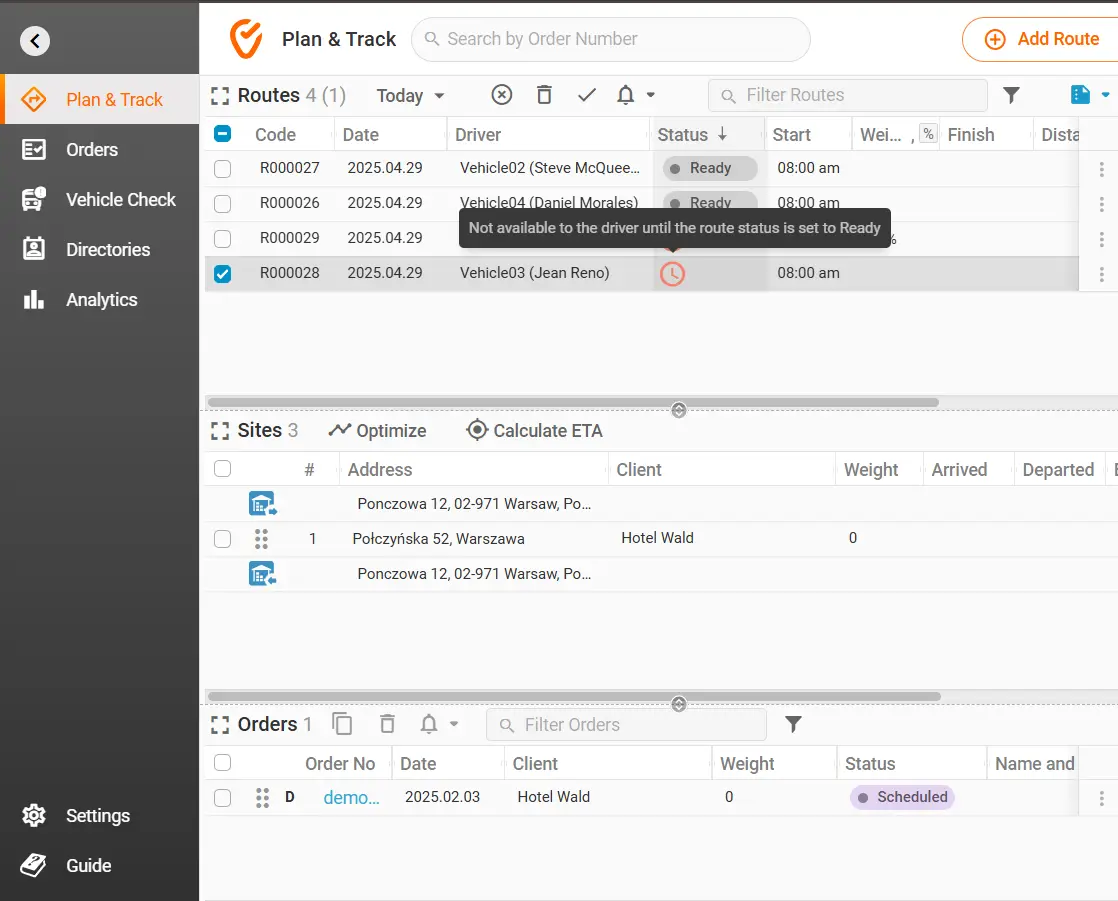 Ready status for routes