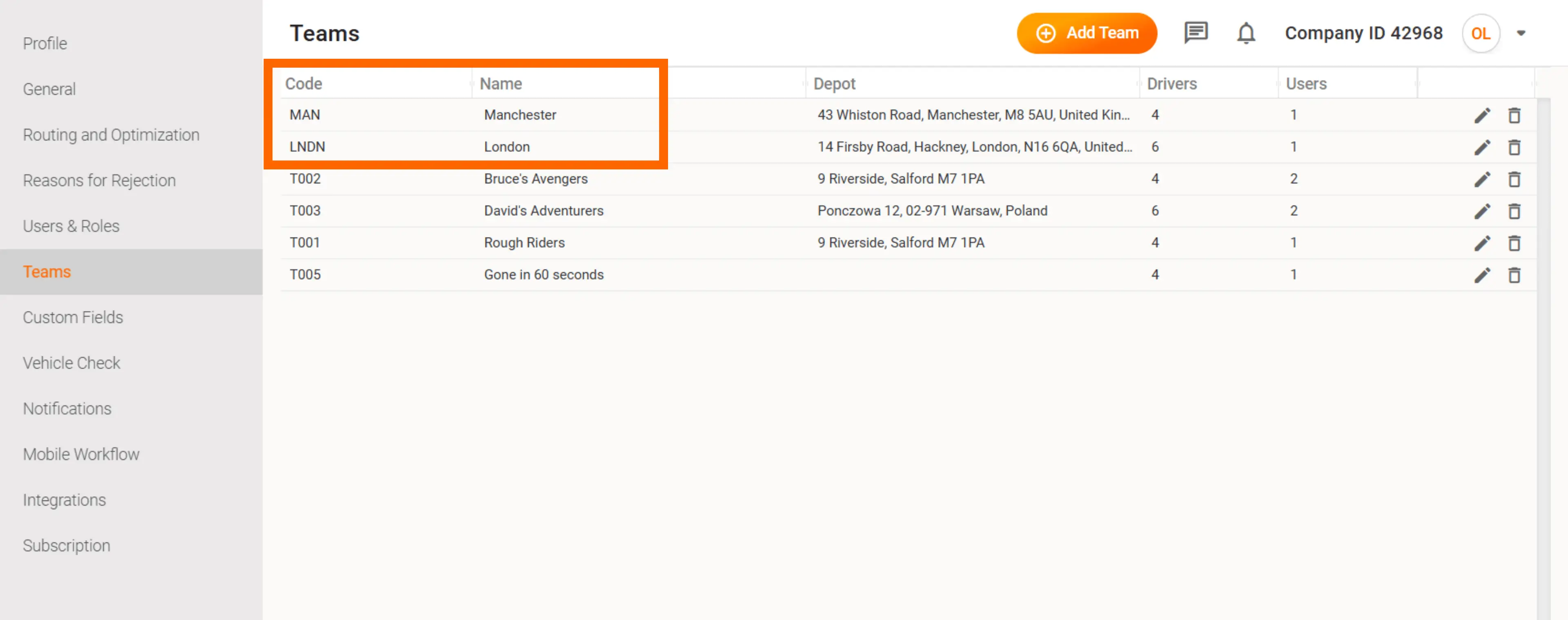 Teams arranged by name