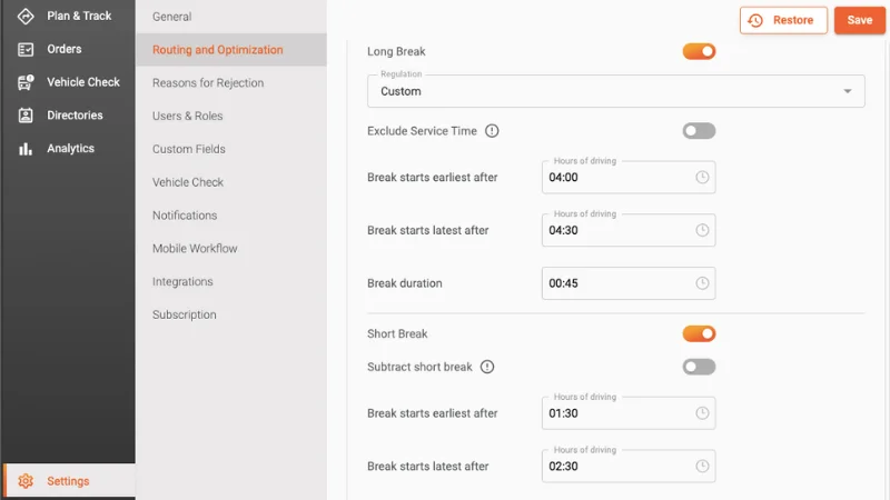 Picture of settings for driver breaks, earliest and latest settings