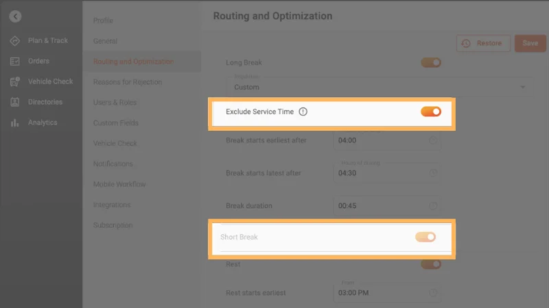 Exclude Service Time toggle ON/OFF comparison