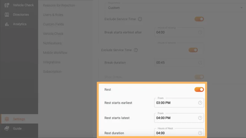 rest settings for drivers