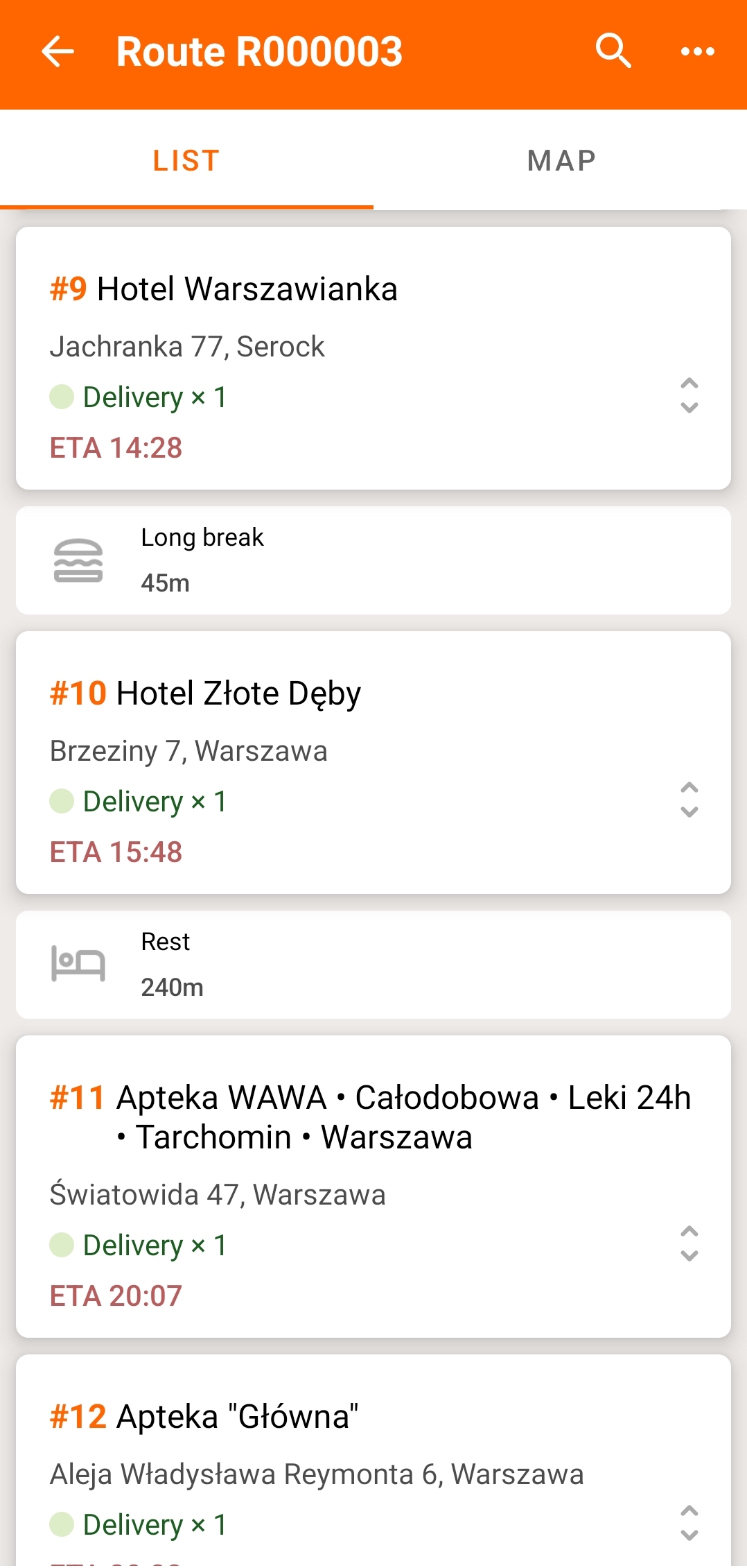 rests and breaks in the mobile delivery tracking app