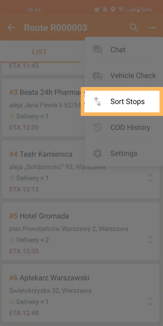 Screenshot of mobile tracking app with sort stops option