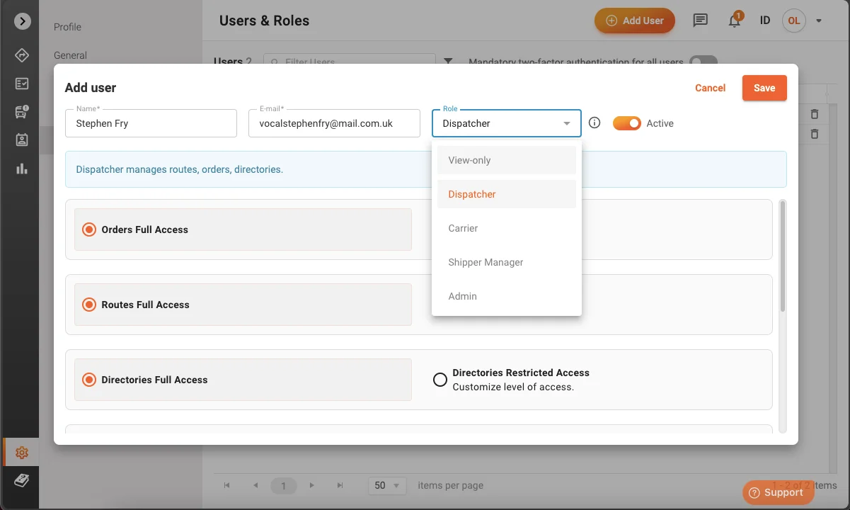 adding a dispatcher-role user to Track-POD