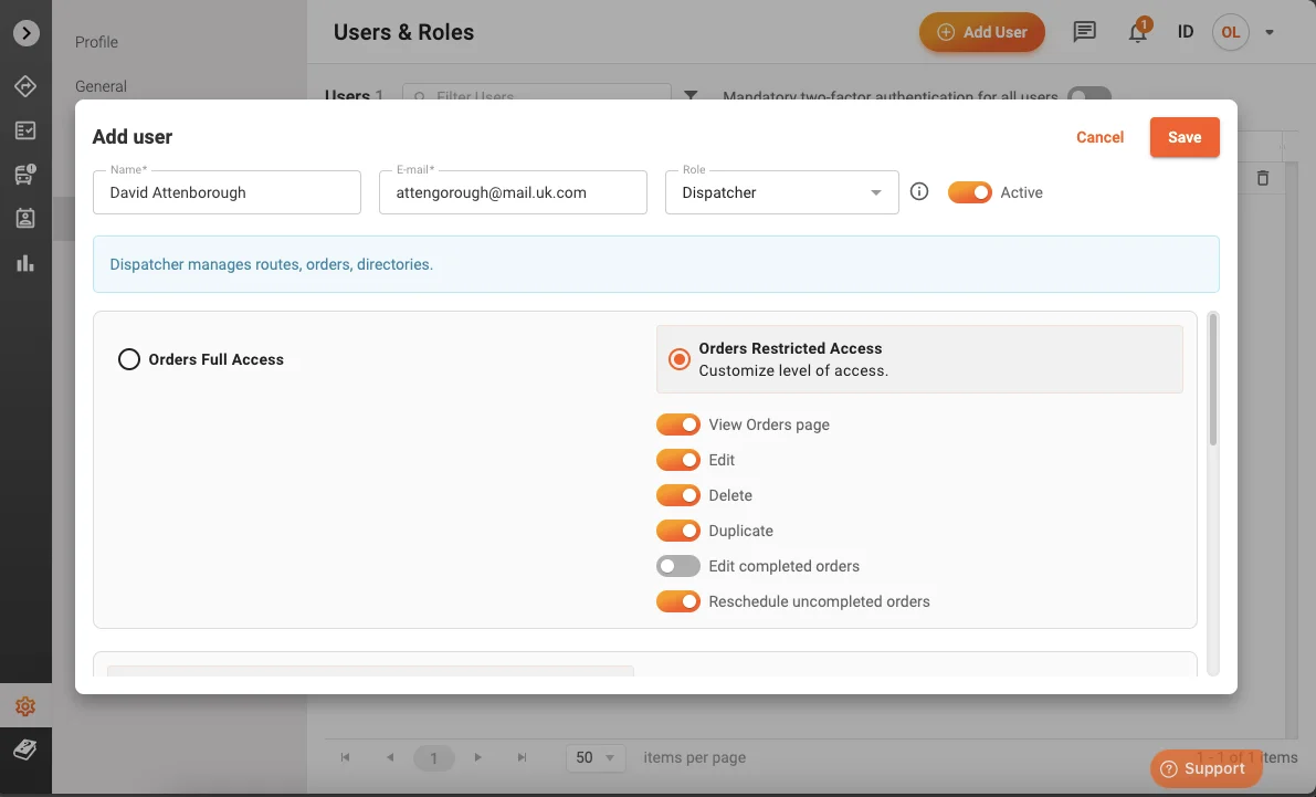 configuring dispatchers' access to orders