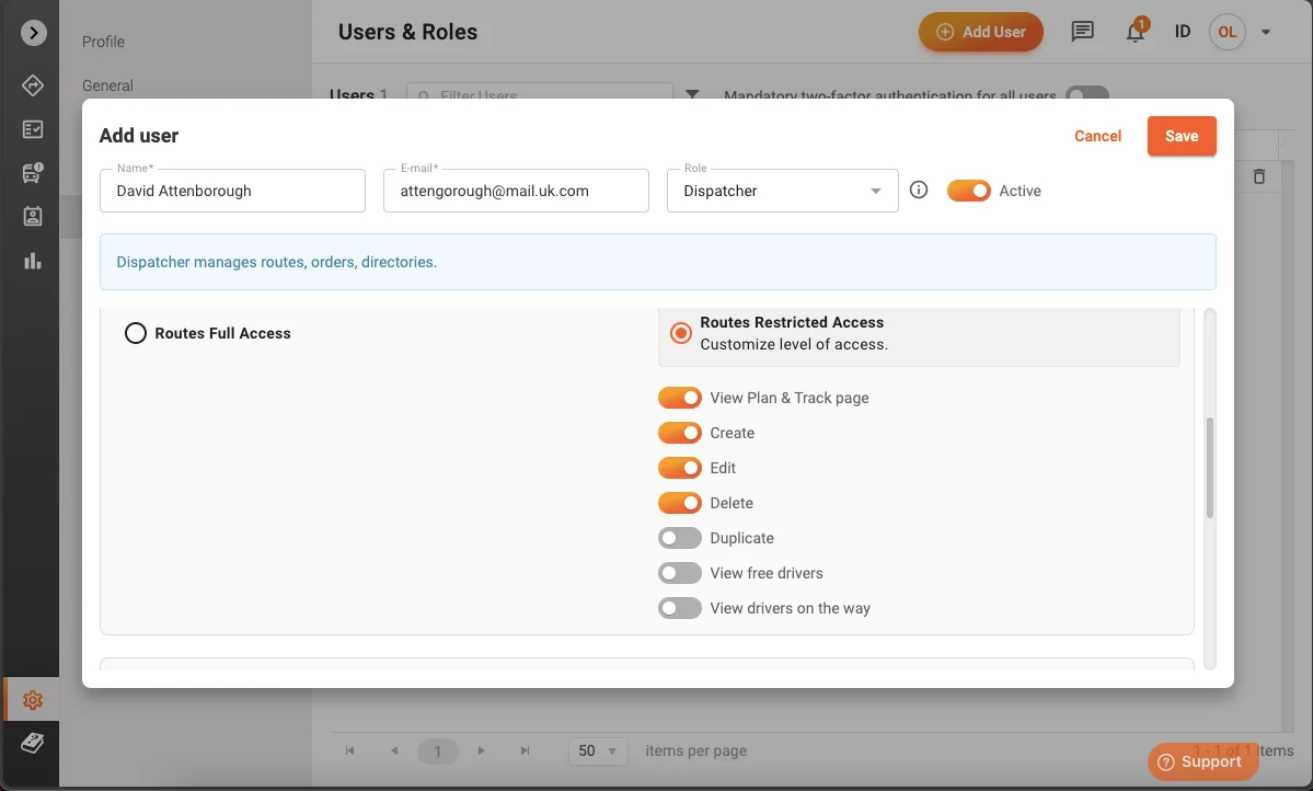 configuring dispatchers' access to routes