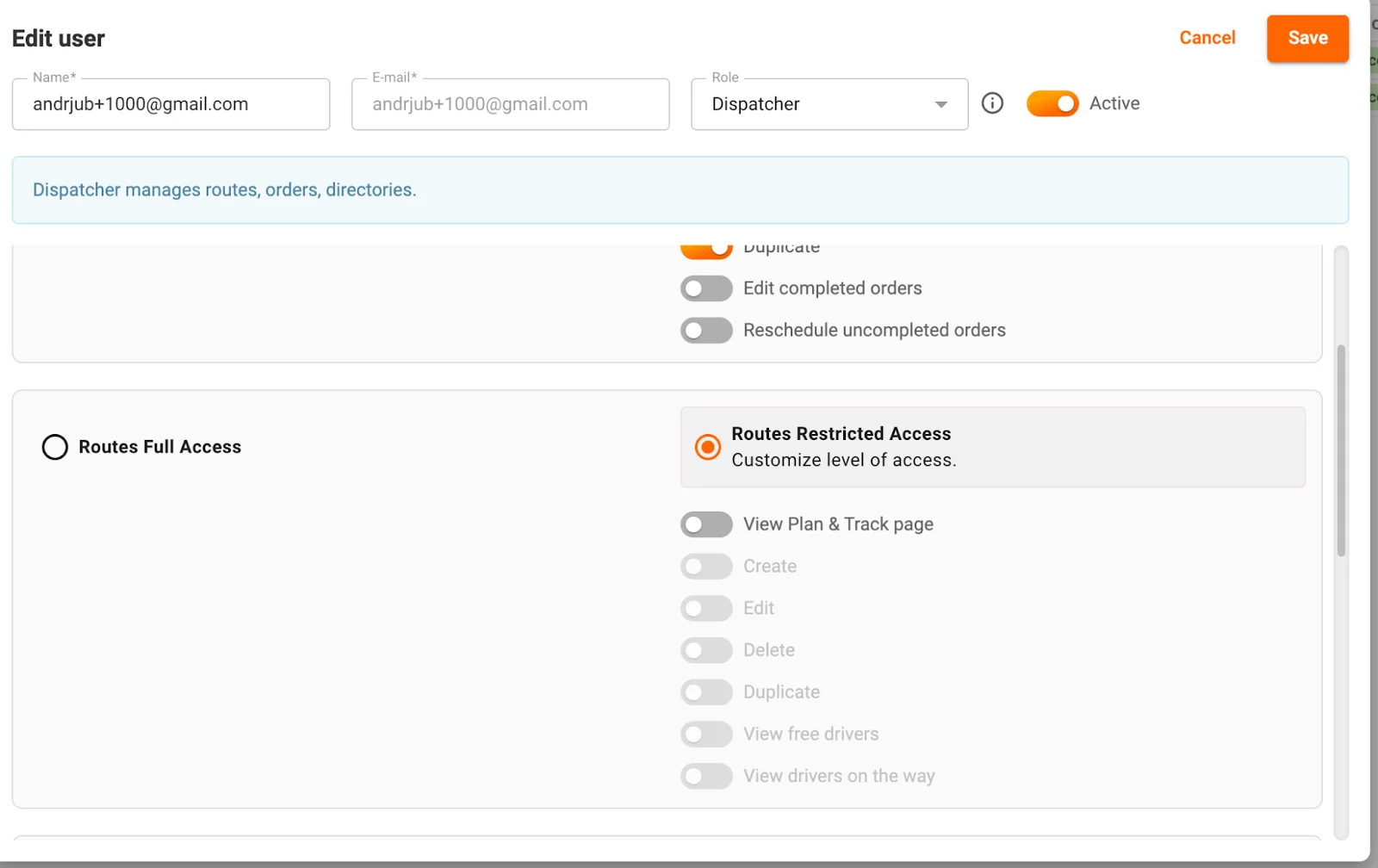 options of user permissions for dispatchers