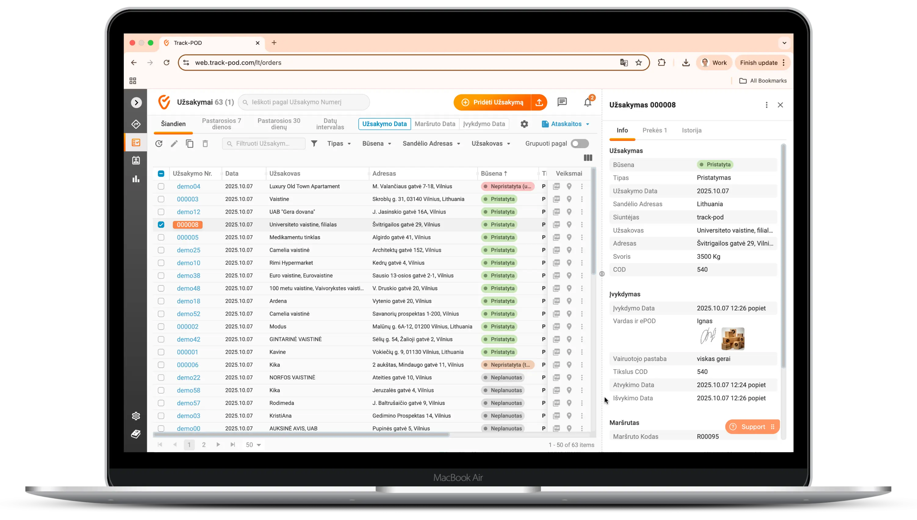 Track POD transporto valdymo sistema