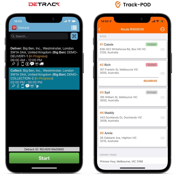 detrack vs trackpod driver app ui